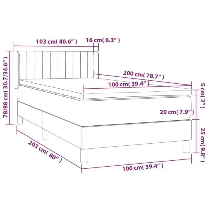 3131065 vidaXL Lit à sommier tapissier avec matelas Noir 100x200 cm Velours