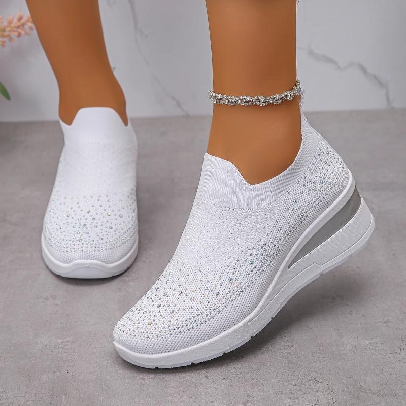 Rhineste Decor Wedge Sneakers for Women Breathable Knitted N Slip Running Shoes Woman Comfortable Slip White Sports Shoes