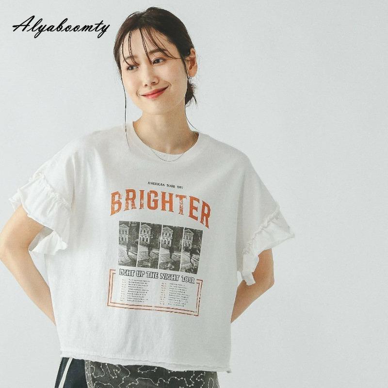 Korean Fashion Summer Women Baggy Cotton T-Shirt O Neck White Gray Letter Print Casual Loose Top Flare Sleeve Ladies' Basic Tee