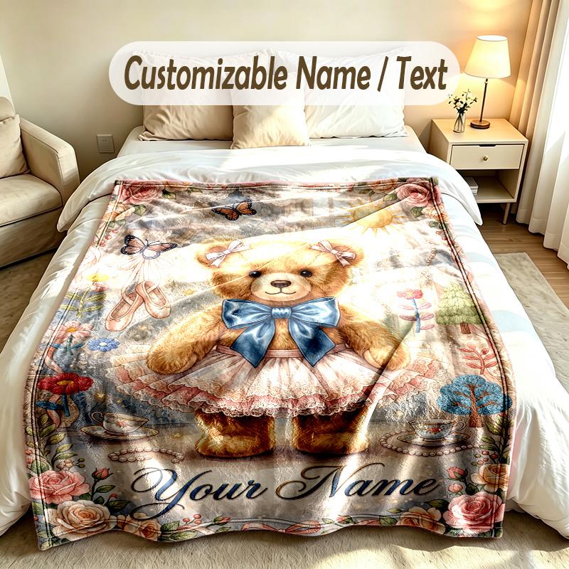 Teddy Bear Theme Custom Blanket Personalized Name & Text Customized Soft Warm Throw Blanket Home Decor