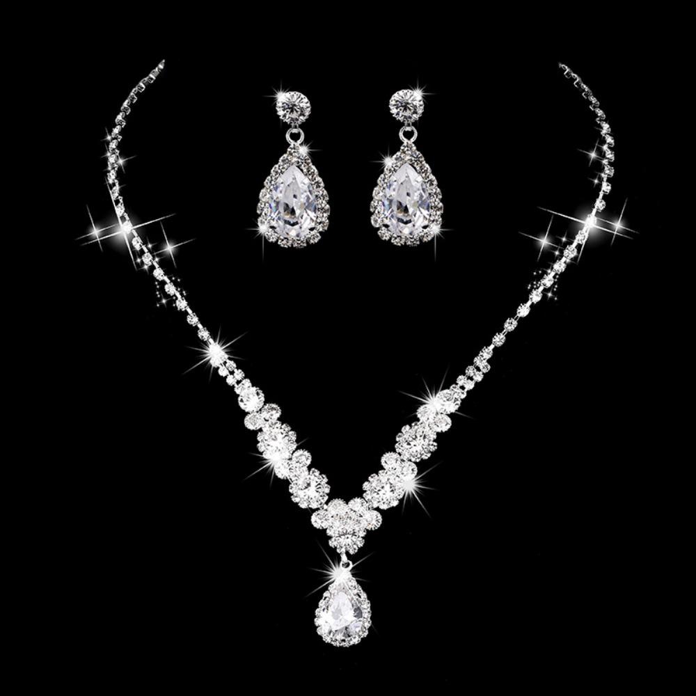 Wedding Jewelry Set Three-piece Set Bright Rhinestones Zircon Angel Teardrop Necklace Earrings Bracelet