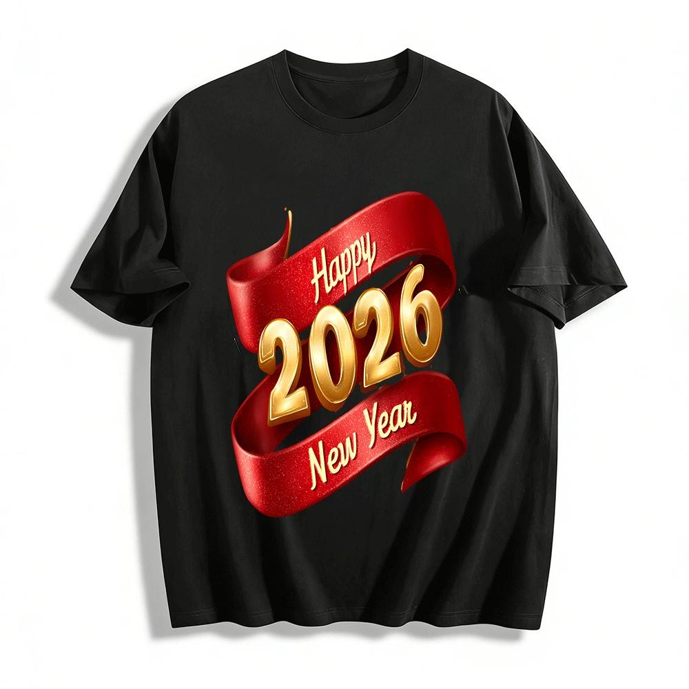 

2026 Happy New Year Red Gold Print Casual Versatile Top Pure cotton T-shirt XXS