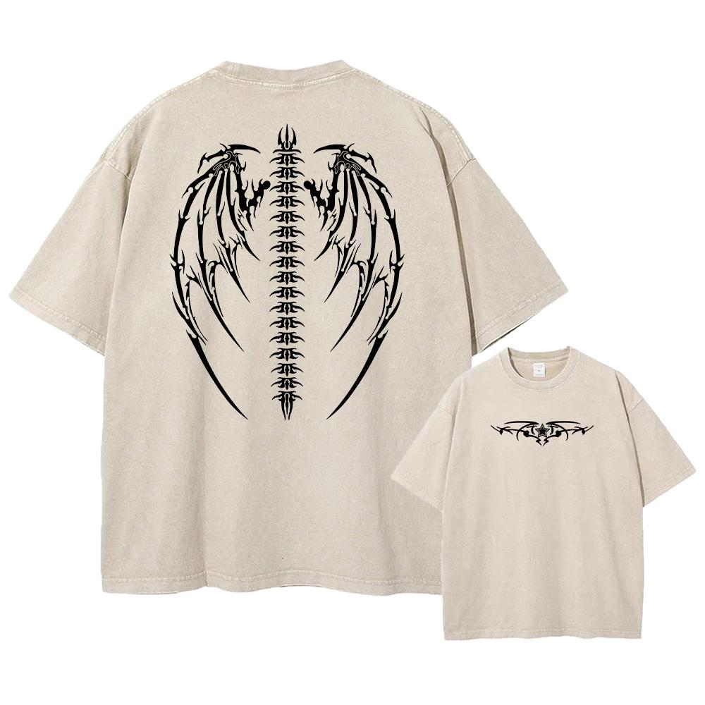 Oversized Wings Printed Tshirts Men Gym Vintage Heavyweight T Shirts Cotton Workout Acid Wash Baggy Tees Street Tops Unisex