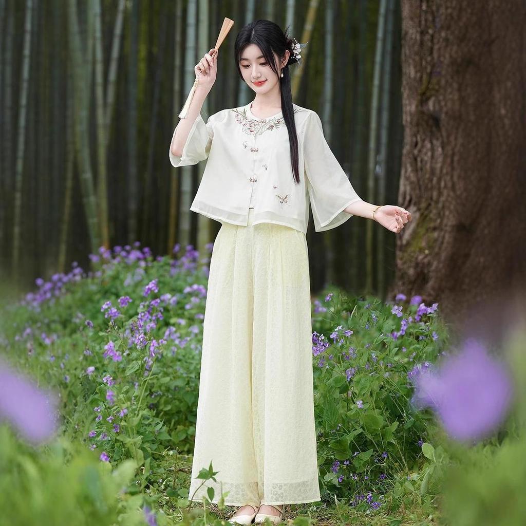 2025 Summer Retro Embroidery Tang Suit & Wide-Leg Pants Hanfu Set