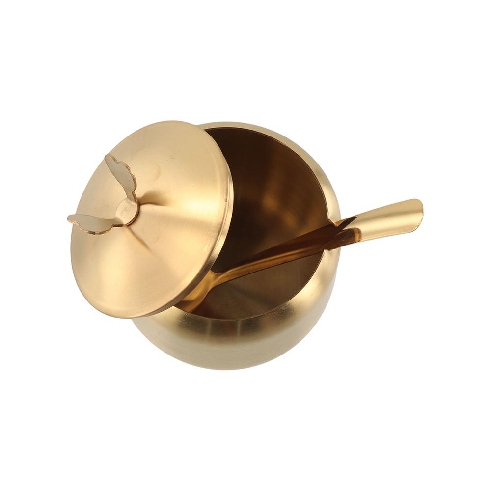 Useful Stainless Steel Sugar Bowl with Spoon Lid Gold Silver Storage Jar Durable Large Capacity Seasoning Pot Salt