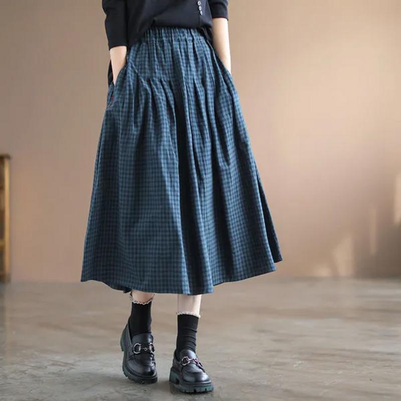 Half Skirt Women Summer Cotton Casual Versatile Elastic Skirt Loose Comfortable Plaid Skirt