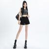 2025 Spring/Summer Women's High-Waisted A-Line Black Denim Shorts: Loose, Slimming, Wide-Leg, Rolled Hem Style