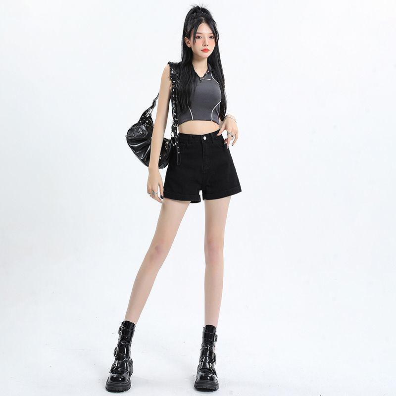 2025 Spring/Summer Women's High-Waisted A-Line Black Denim Shorts: Loose, Slimming, Wide-Leg, Rolled Hem Style