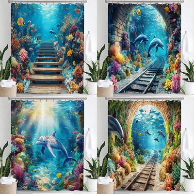 Underwater World Printed Shower Curtain With Hooks, Dolphin Sea Turtle Fish Coral Underwater Cave Ocean Bathroom Decor Curtain
