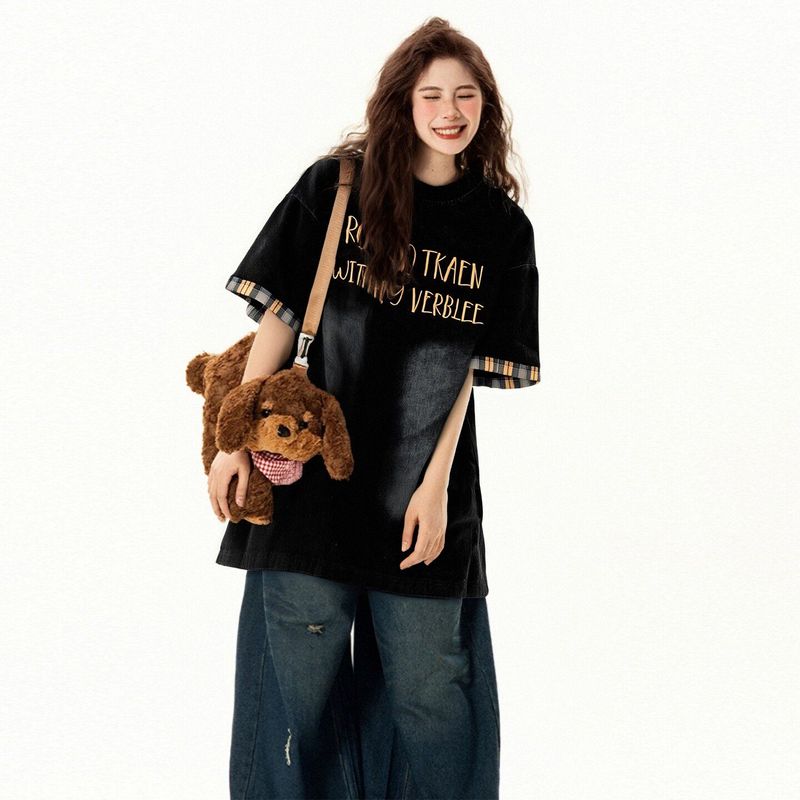 

150.00kg Plus size women clothing Korean Series Preppy Black round Neck T-shirt Women s Chubby Girl Retro All-Match Fashionable Short sleeve Top Black 2XL