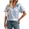 Women Lapel Short Sleeve Shirt Metallic Shiny Fabric Single Breasted Loose Vacation Casual Blouse