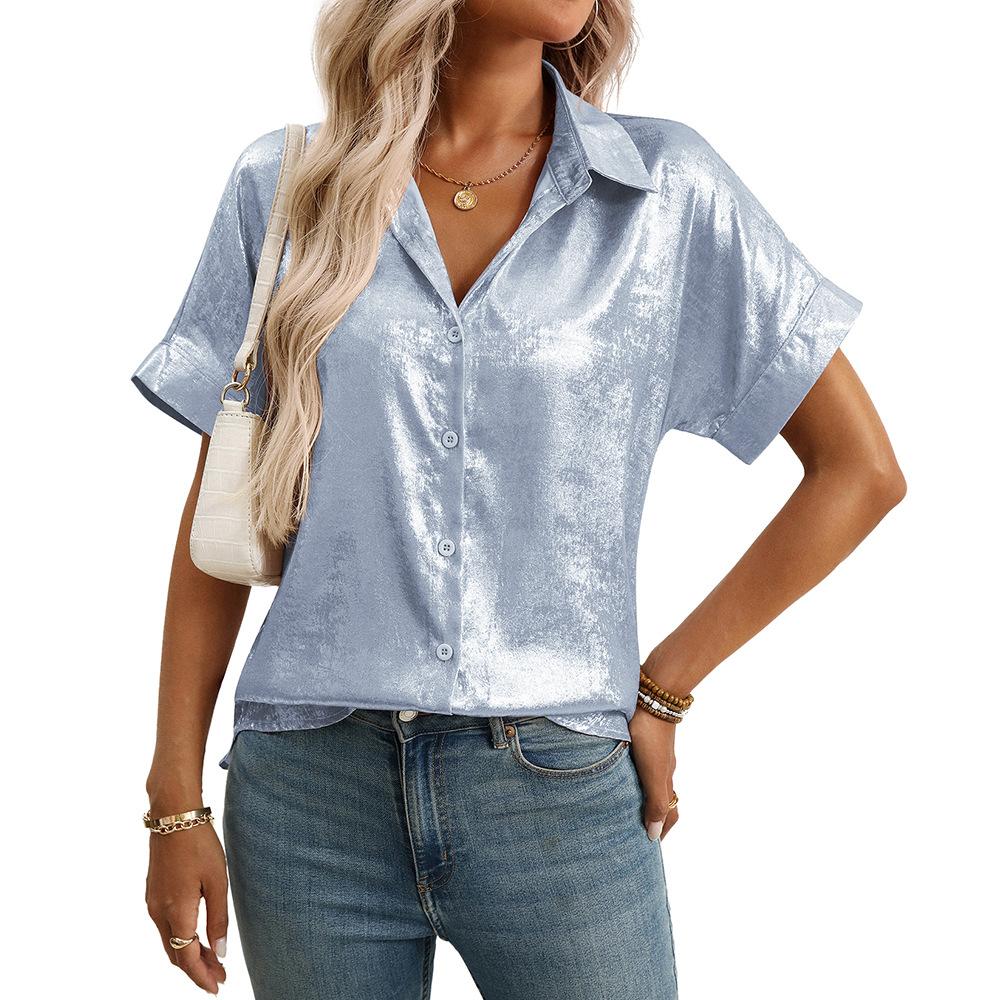 Women Lapel Short Sleeve Shirt Metallic Shiny Fabric Single Breasted Loose Vacation Casual Blouse