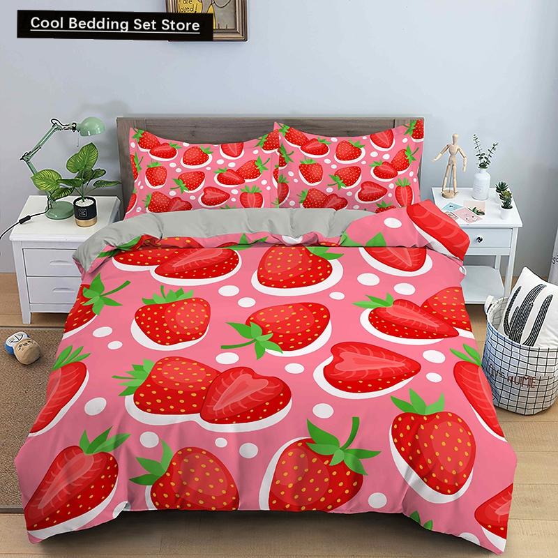 Red Strawberry Cute Bedding Set 3D Pink Lovely Summer Fruit Duvet Cover King Queen For Kids Girls 2/3Pcs Polyester Quilt Cover
