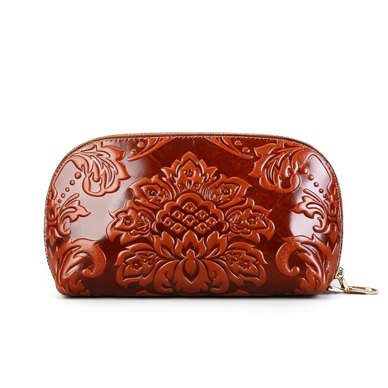 Embroidered Phone Case with Embossed Pattern Handbag for Ladies, Genuine Leather Zero Wallet Bag