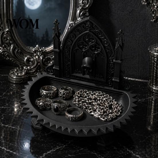 Vintage Church Accessory Holder Carving Design Storage Box, Matte Black Desktop Organizer for Rings Gothic Decor Bracelets Goth Decor, Style