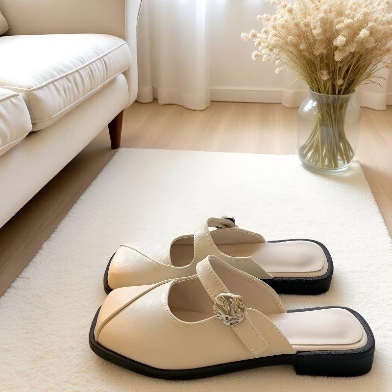 Fashion Metal Buckle One Strap Wrapped Toe Shoes Women's Fashion Square Toe Shallow Mouth Soft Sole Non-slip Low Heel Shoes