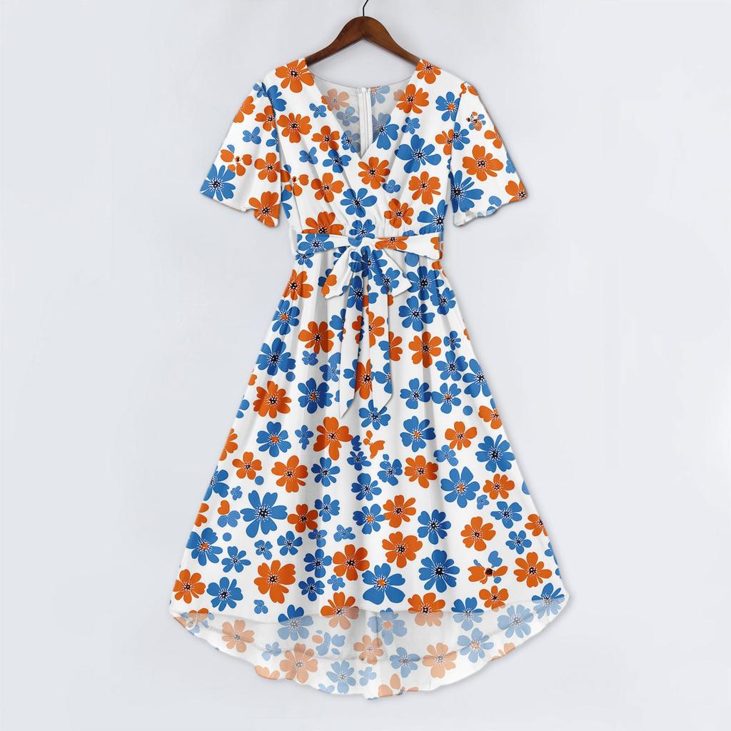 Women's Summer Floral Printed Casual Wrap V Neck Ruffled Hood Short Sleeves Belt A-Line Ruffle Hem Midi Sundress