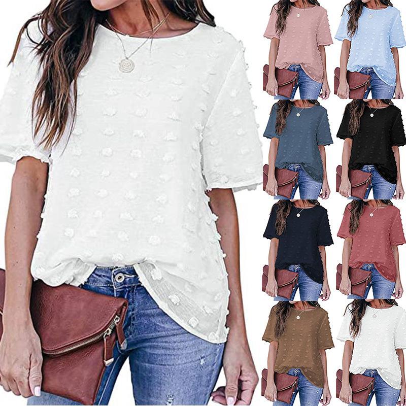 Women's New Summer Style Women's Chiffon Jacquard Fur Ball Double Layer Short-sleeved Fashion Top