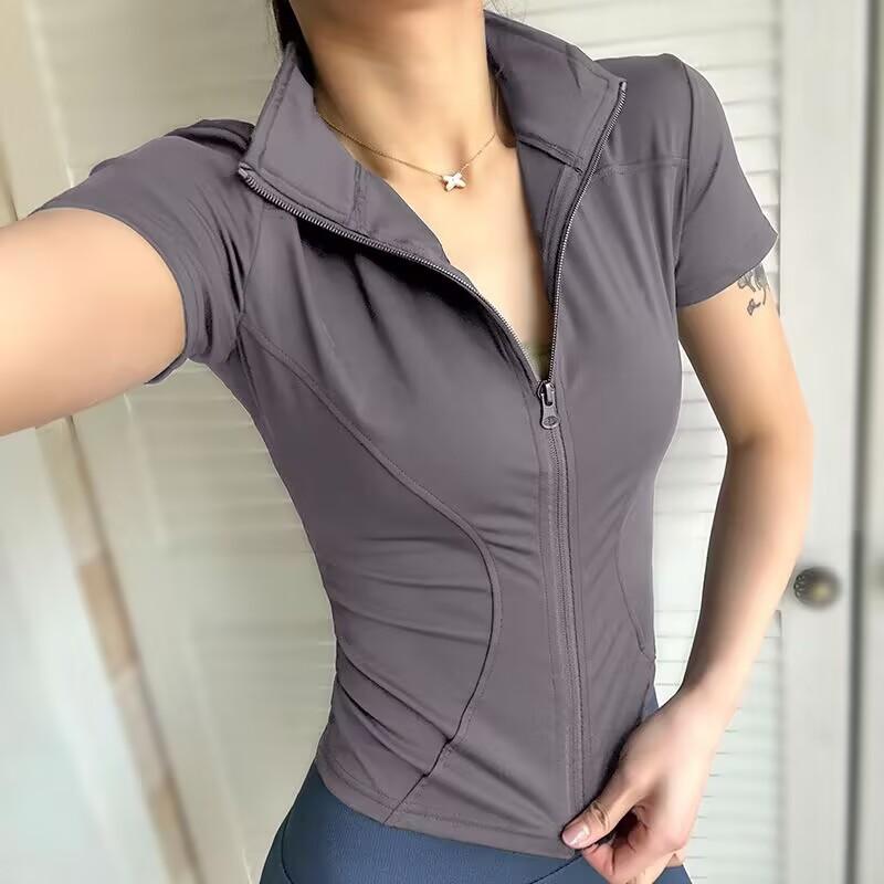 Casual Slim Sports Coat for Women Short Sleeve Solid Zipper Tops Female Cycling Running Yoga Outfit Clothes Summer Sport Jacket