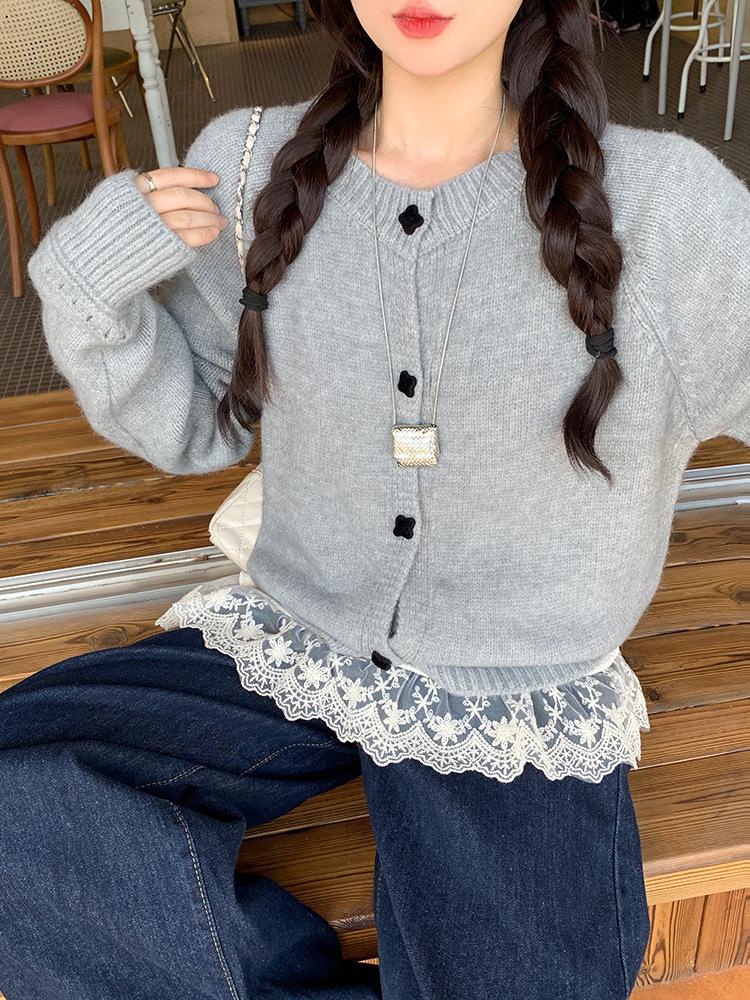 Damen Plus Size Süßer Gestrickter Pullover im Koreanischen Stil mit Quadratischer Schnalle