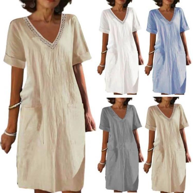 Summer Casual Dress V Neck Short Sleeves High Waist Midi Loose Knee Length Daily Wear Solid Color with Side Pockets