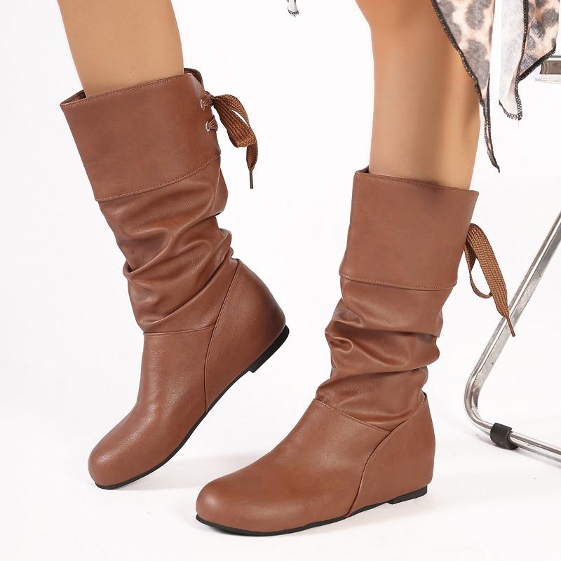 Fashion 2024 Autumn Fashion Solid Slip on Shoes Ladies High Boot Women Shoes New Pleated Wedge Long Boots Round Toe Women Leather Boots