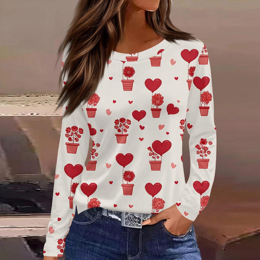 Women's Fashionable Long-Sleeved Round Neck Top with Slit Hem and Valentine's Day Heart Print