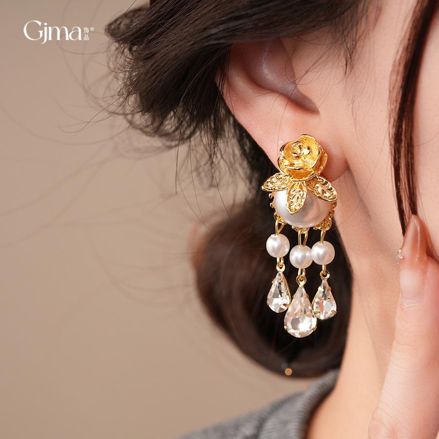 Medieval court style diamond-set flower water drop pearl earrings stud earrings retro versatile earrings