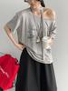 Summer Slack Personality Letter Printed Short Sleeve T-Shirt Women's Loose Lace-Up Slash Shoulder Top E