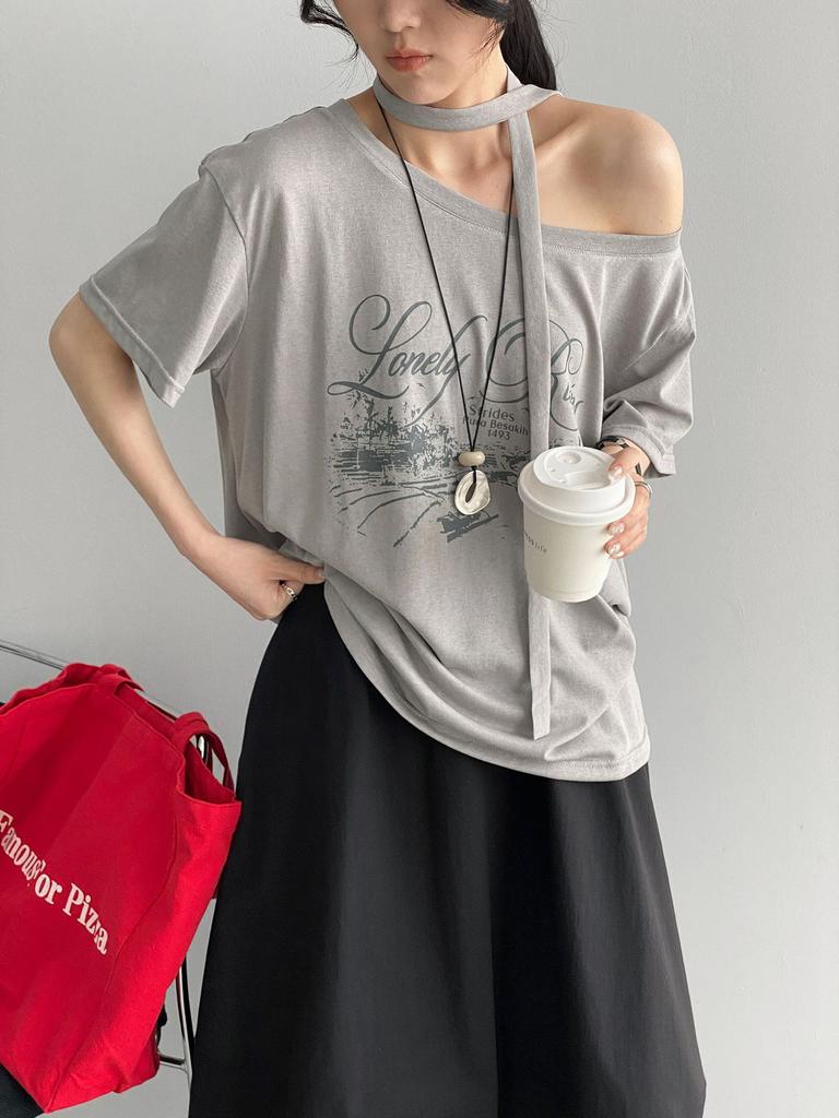 Summer Slack Personality Letter Printed Short Sleeve T-Shirt Women's Loose Lace-Up Slash Shoulder Top E