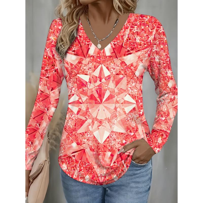 All-over Printed Women's Fashionable V-neck Crystal Star Long-sleeved Blouse