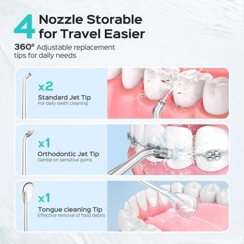 COSLUS Mini Water Flosser for Travel: Portable Compact Design, Cordless Oral Irrigator with 4 Jet Tips, Removable Tank, IPX7 Waterproof, for Braces, S