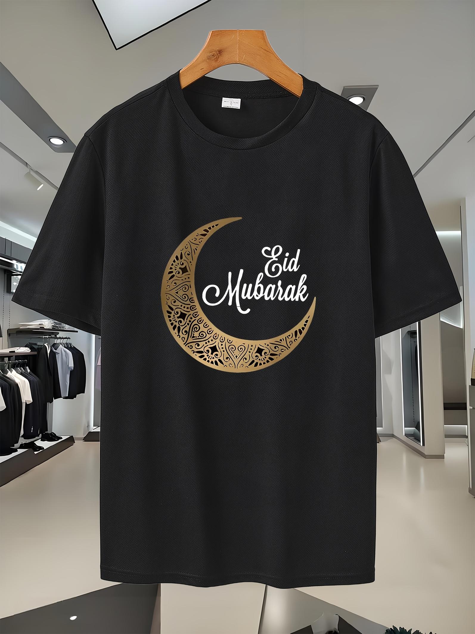 

Black Eid Mubarak Graphic T-shirt - Breathable Mesh Fabric Short Sleeve Round Neck Casual Top with Golden Crescent Moon & Stars Print for Daily Wear XL