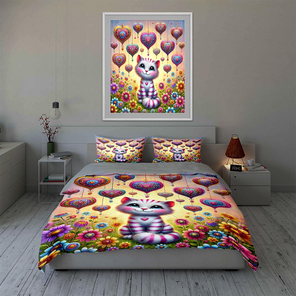 Cat, Hearts, Flowers Bedding Duvet Cover Sets Duvet Covers Pillowcases Gifts (1 * Duvet Cover 2 * Pillowcases, Without Duvet Insert)