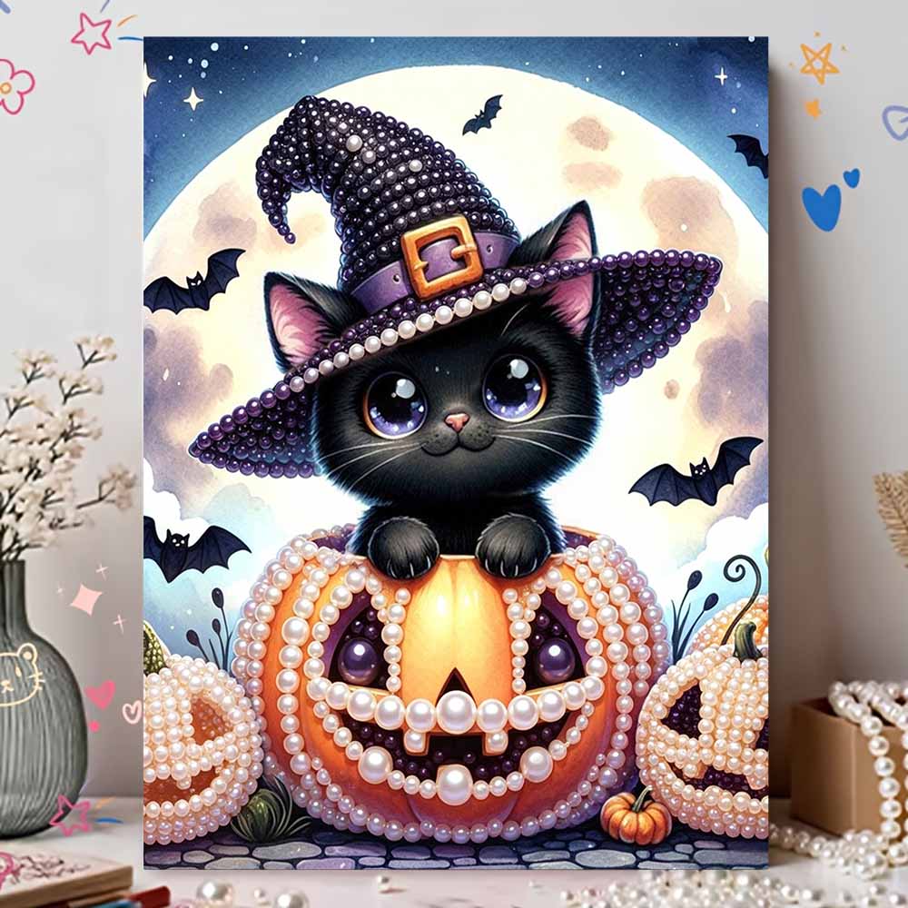 Pearl Painting DIY Kit Frameless Halloween Black Cat Pumpkin Pattern Shiny Bead Art Canvas Creative Wall Decor Holiday Gift