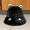 Women College Style Plush Frog Decorated Fisherman Bucket Hat Warm Adjustable Short Brim