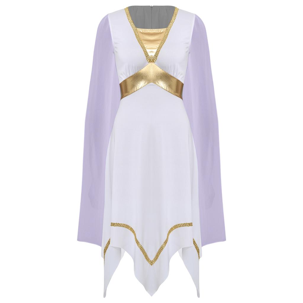 Womens Ancient Greek Roman Tunic Dress Long Cape Sleeve Gold Trim Asymmetrical Hem Halloween Dance Costume