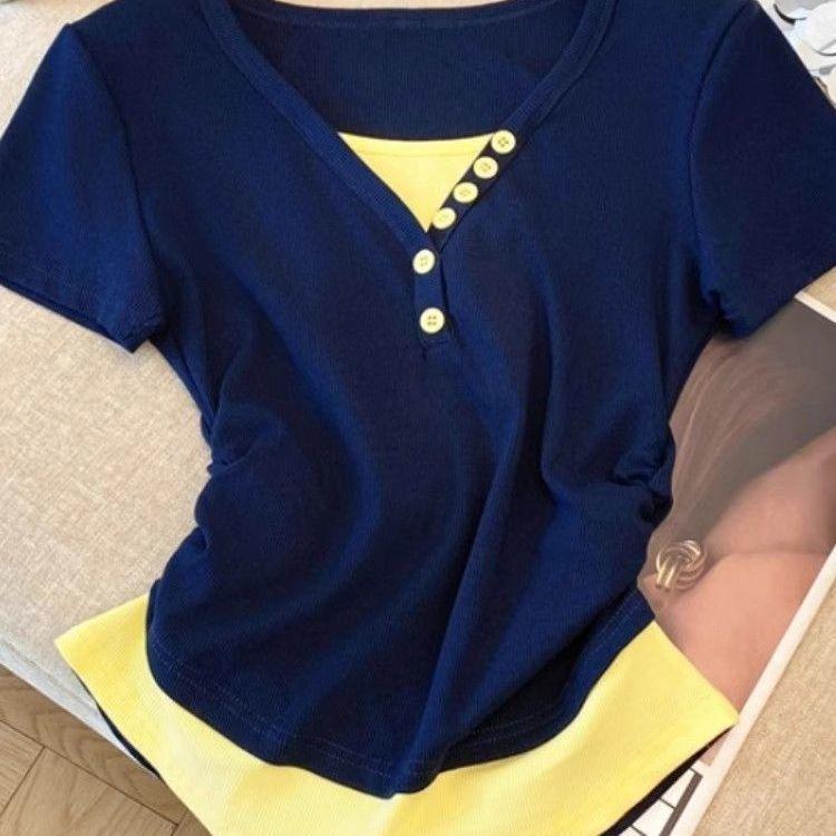 Chic color matching fake two-piece front shoulder short-sleeved T-shirt women's summer new Spice Girl slim-fitting waist short top
