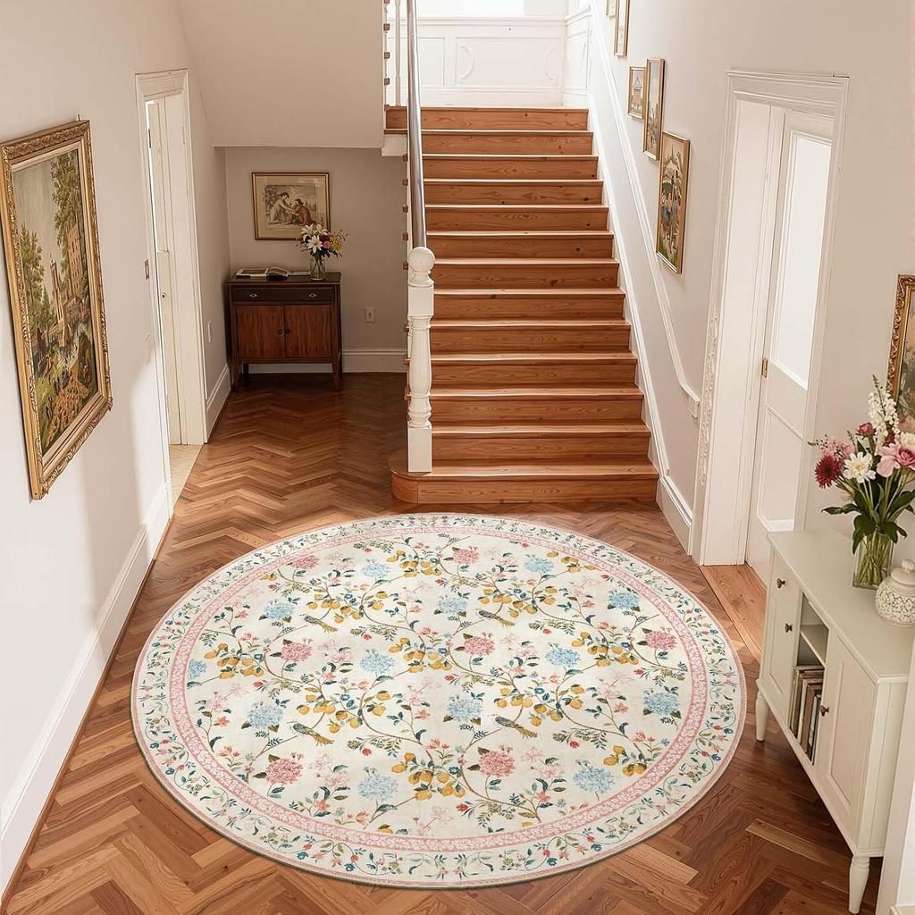 Runde Blume und Baum Muster Elegante Weiche Teppichmatte für Heimdekoration Wohnzimmerteppich mit Hellblauem Anti-Rutsch-Teppich