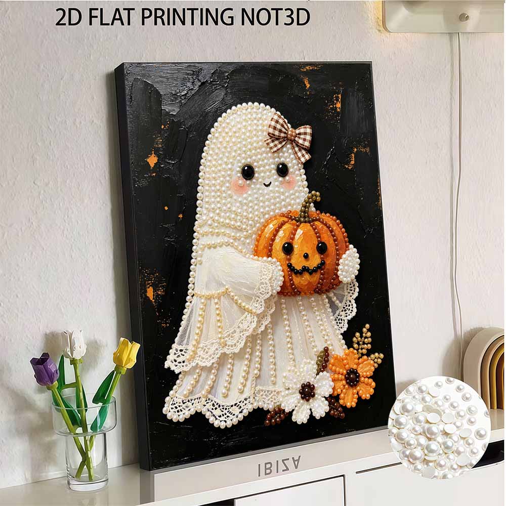 Frameless Pearl Bead Painting Kit Cute Ghost Pumpkin Design DIY Handmade Craft Canvas for Home Wall Decor Autumn Seasonal Gift Art
