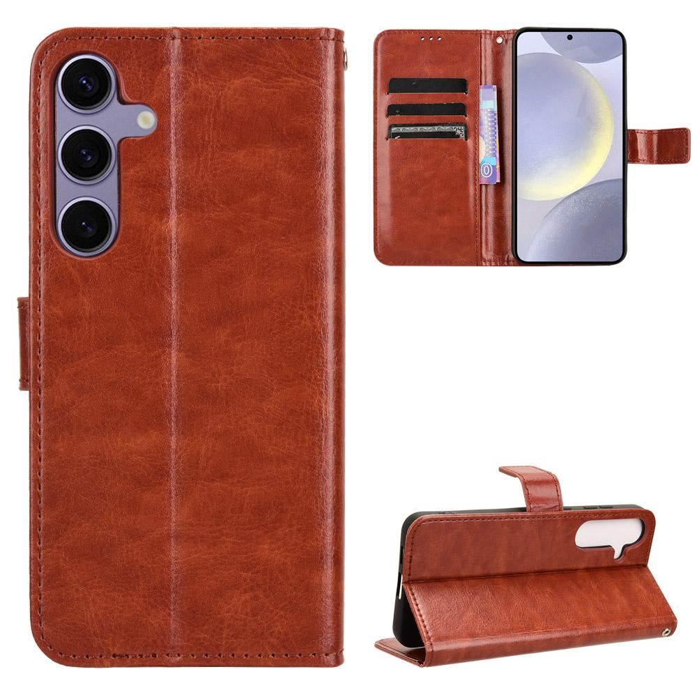 

For Samsung Galaxy S25 FE PU Leather Case with Strap Crazy Horse Texture Phone Wallet Cover Brown