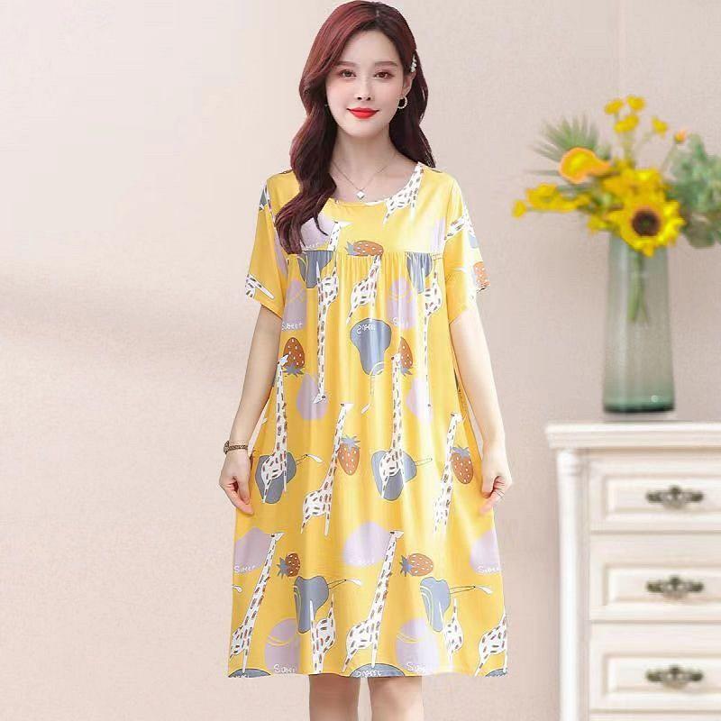 Women's Cotton Silk Mid-Length Nightgown - Summer Pajamas Plus Size Homewear for Middle-Aged and Elderly