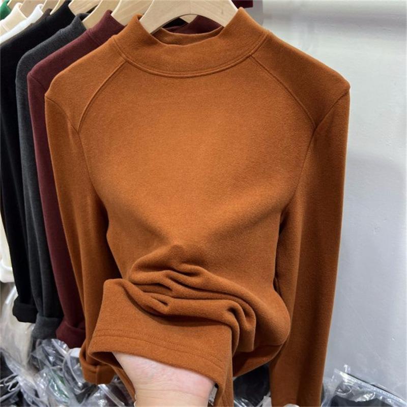 Solid Color Winter New German Velvet Polished Semi-turtleneck Bottoming Shirt Women's Slim Body with Long-sleeved T-shirt Top