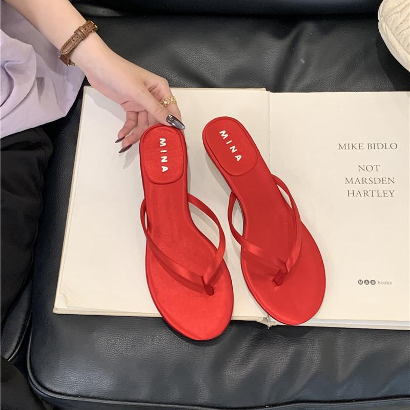 

Fashion Bailamos 2025 Summer New Brand Women Slipper Fashion Narrow Band Ladies Casual Slides Outdoor Dress Flat Heel Vacation Sandal 40 красный