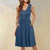 Vestito da donna casual alla moda sexy con scollo a V e bottoni, senza maniche, tinta unita