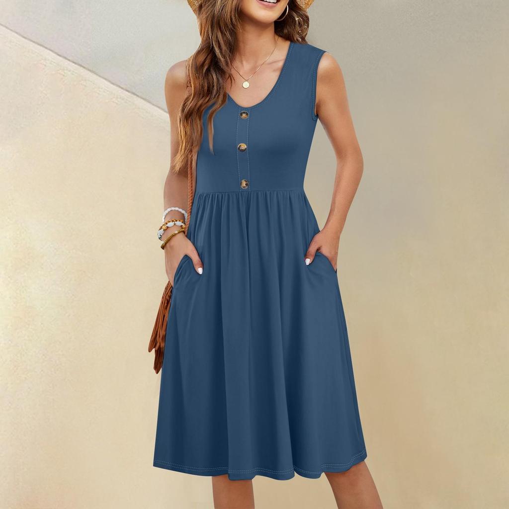 Vestito da donna casual alla moda sexy con scollo a V e bottoni, senza maniche, tinta unita