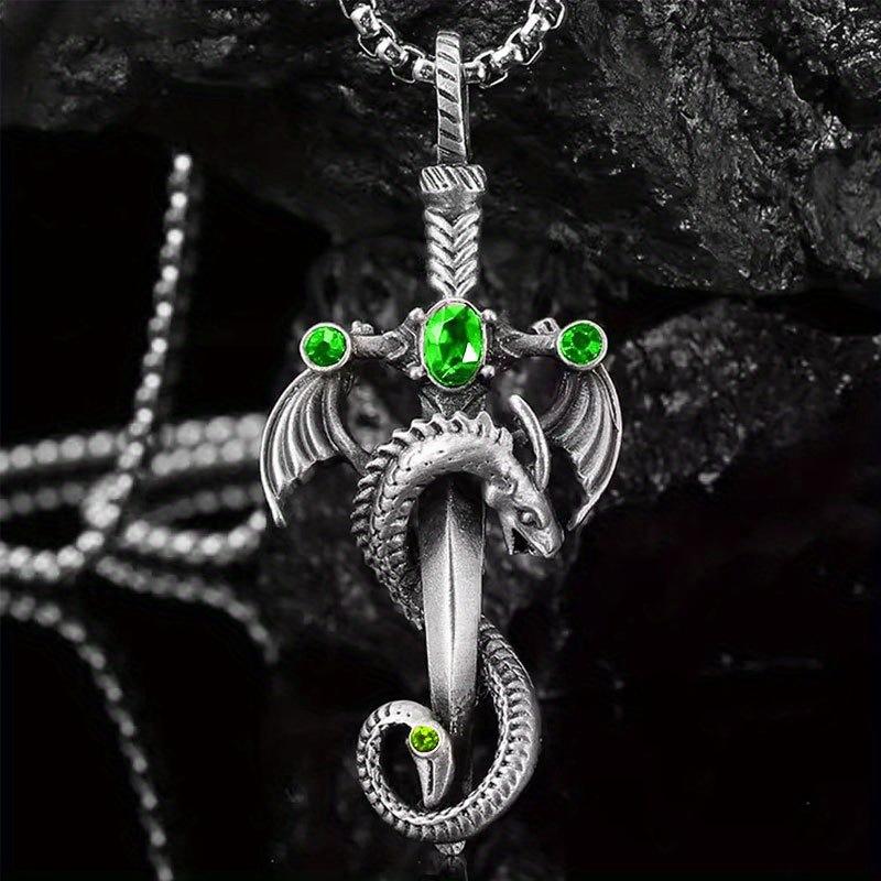 

Vintage Multicolor Gem Dragon Sword Stainless Steel Chain Necklace Male Punk Hip Hop Jewelry