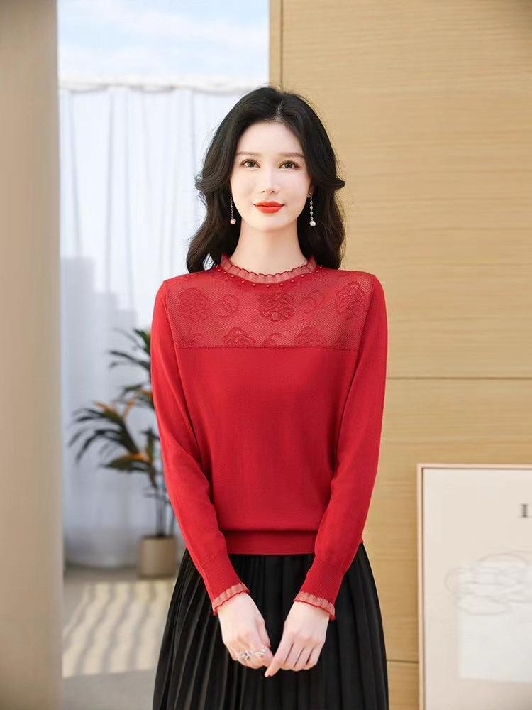 Damen Merino-Wolle Basisschicht mit Spitze und Lochmuster - Altersreduzierender Rundhals-Pullover für Herbst/Winter