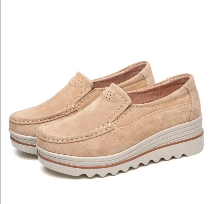 2025 Autumn Women Flats Shoes Thick Platform Sneakers Shoes Leather Suede Casual Shoes Slip On Flats Heels Creepers Moccasins