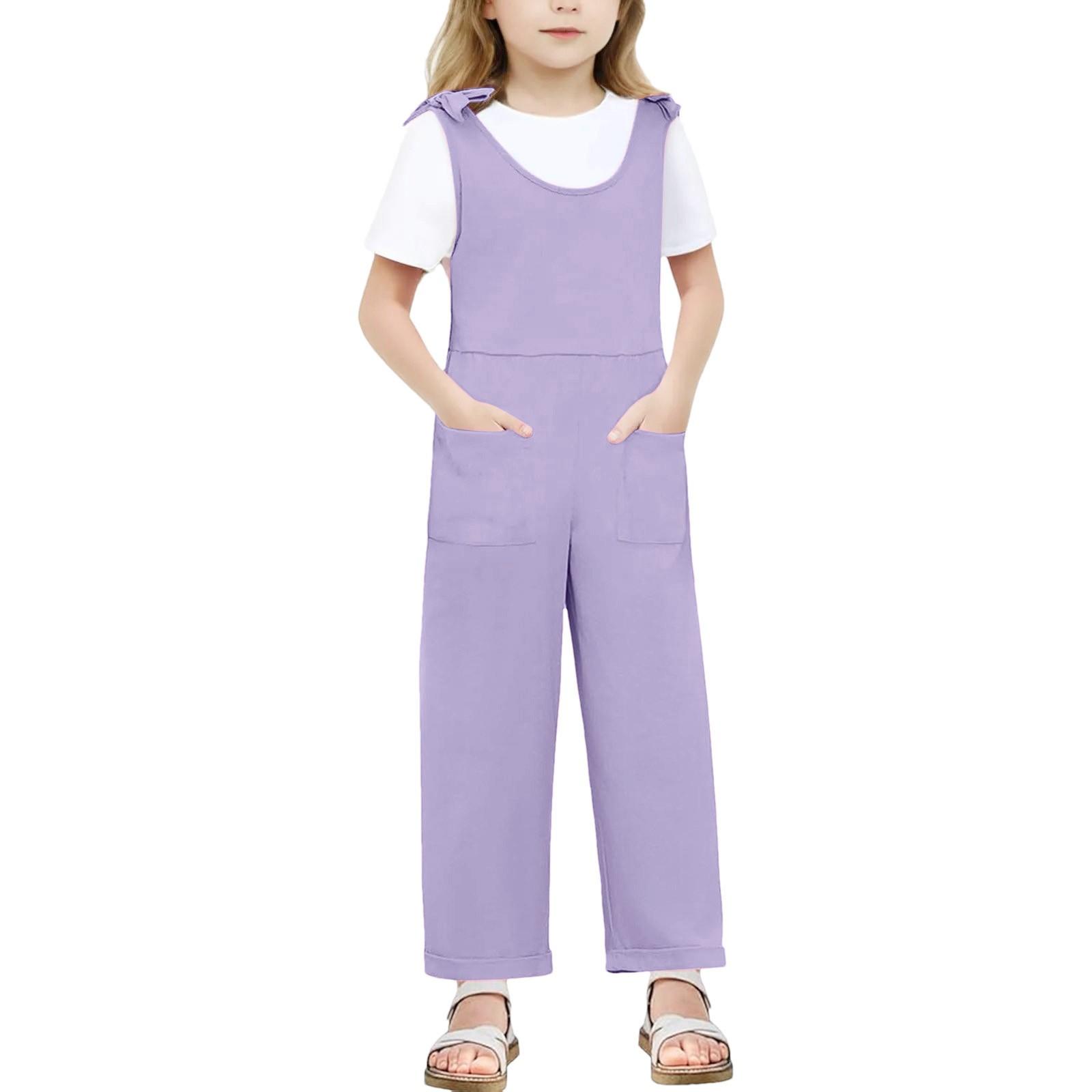 

Для девочек среднего и старшего возраста однотонный повседневный комбинезон с широкими штанинами и накладными карманами на шнуровке 140 фиолетовый